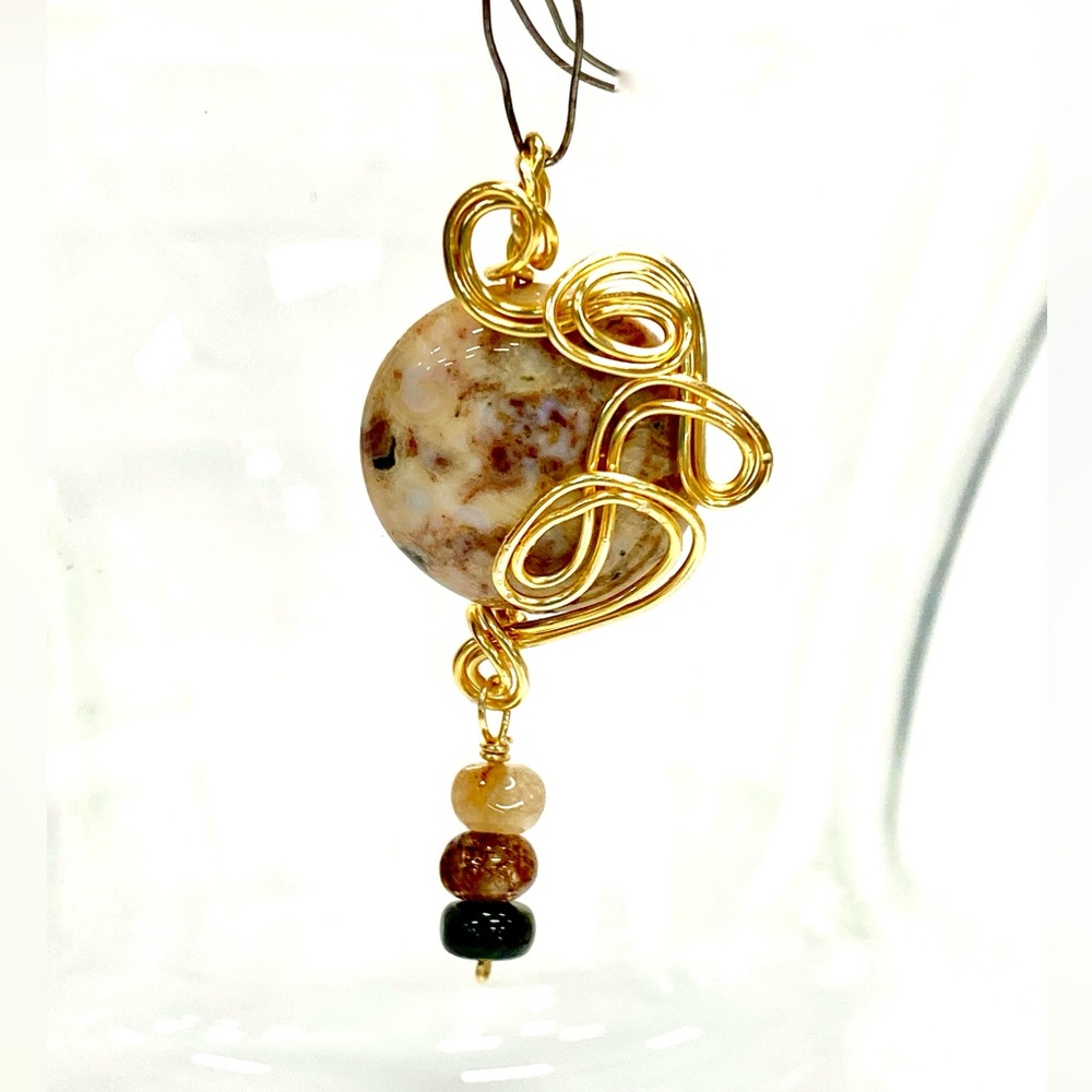 HANDMADE Genuine Jasper Stone Wire Wrapped Pendant with Jasper Dangle Accent